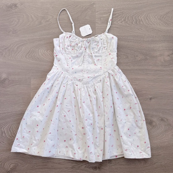 🆕 100% Cotton White Floral & Bows Coquette Corset Mini Dress - Picture 3 of 11